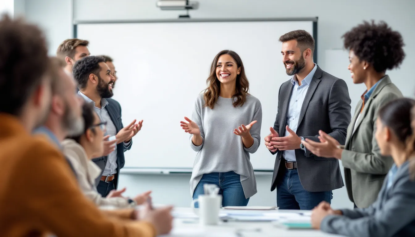 A group of team members is gathered around a colleague who is presenting, offering support and encouragement. This scene highlights the importance of teamwork and understanding in balancing work responsibilities and family life, particularly for working parents navigating the challenges of work family conflict.